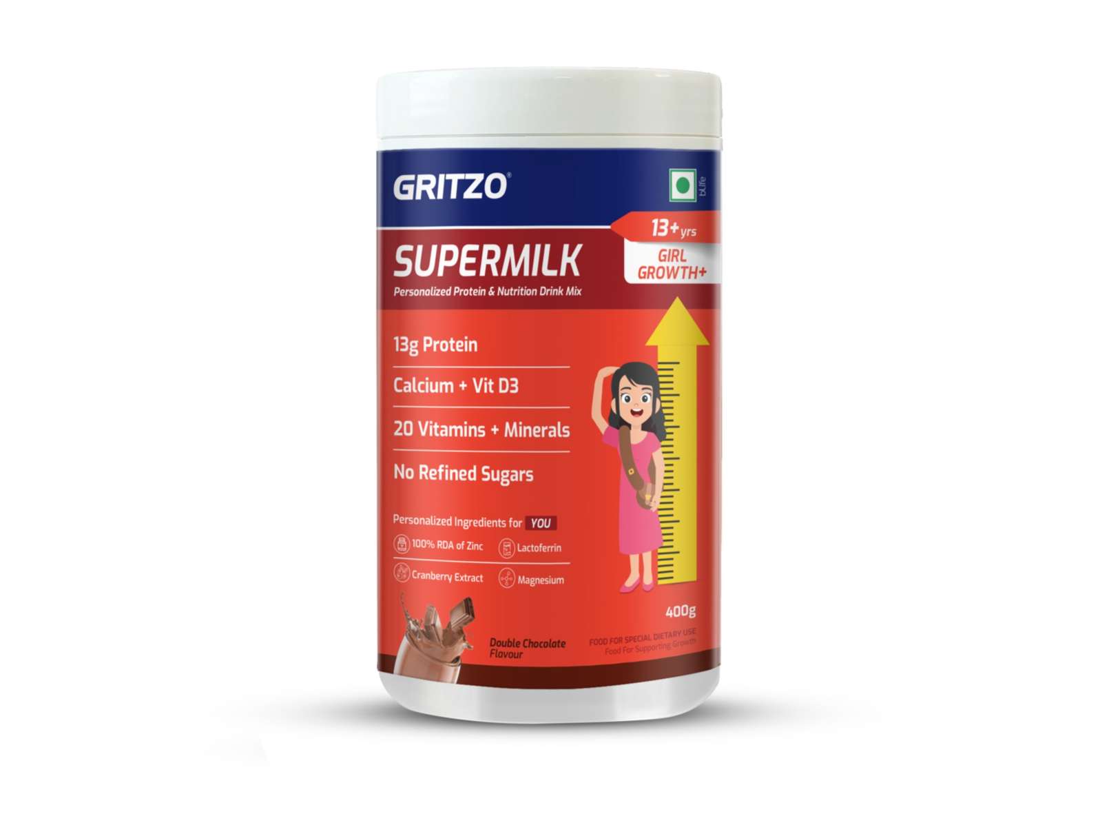 Gritzo SuperMilk Growth+(13+y Girls), 13g Protein Powder (Double Chocolate, 400g) | Zero Refined Sugar, 20 Vitamins & Minerals