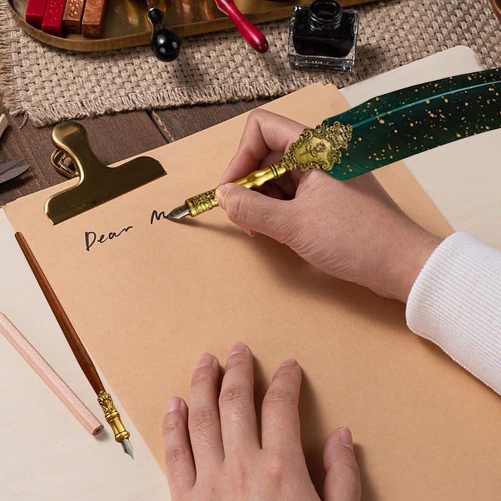 Quill Pen Ink Wax Seal Stamp Gift Set, Feather Pen Ink Set Includes Feather Dip Pen,Ink,5 Replacement Nibs,3 Wax Seal Sticks,Pen Nib Base,Seal Stamp, White Wax,Spoon, Valentine Gift