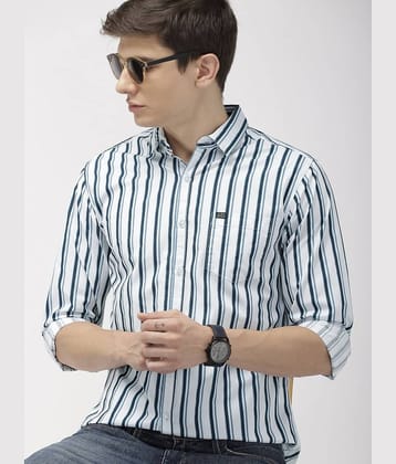 The Indian Garage Co Men White & Teal Blue Slim Fit Striped Casual Shirt
