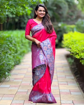 Marathi Mood Zari Woven Soft Silk Hot Pink Saree