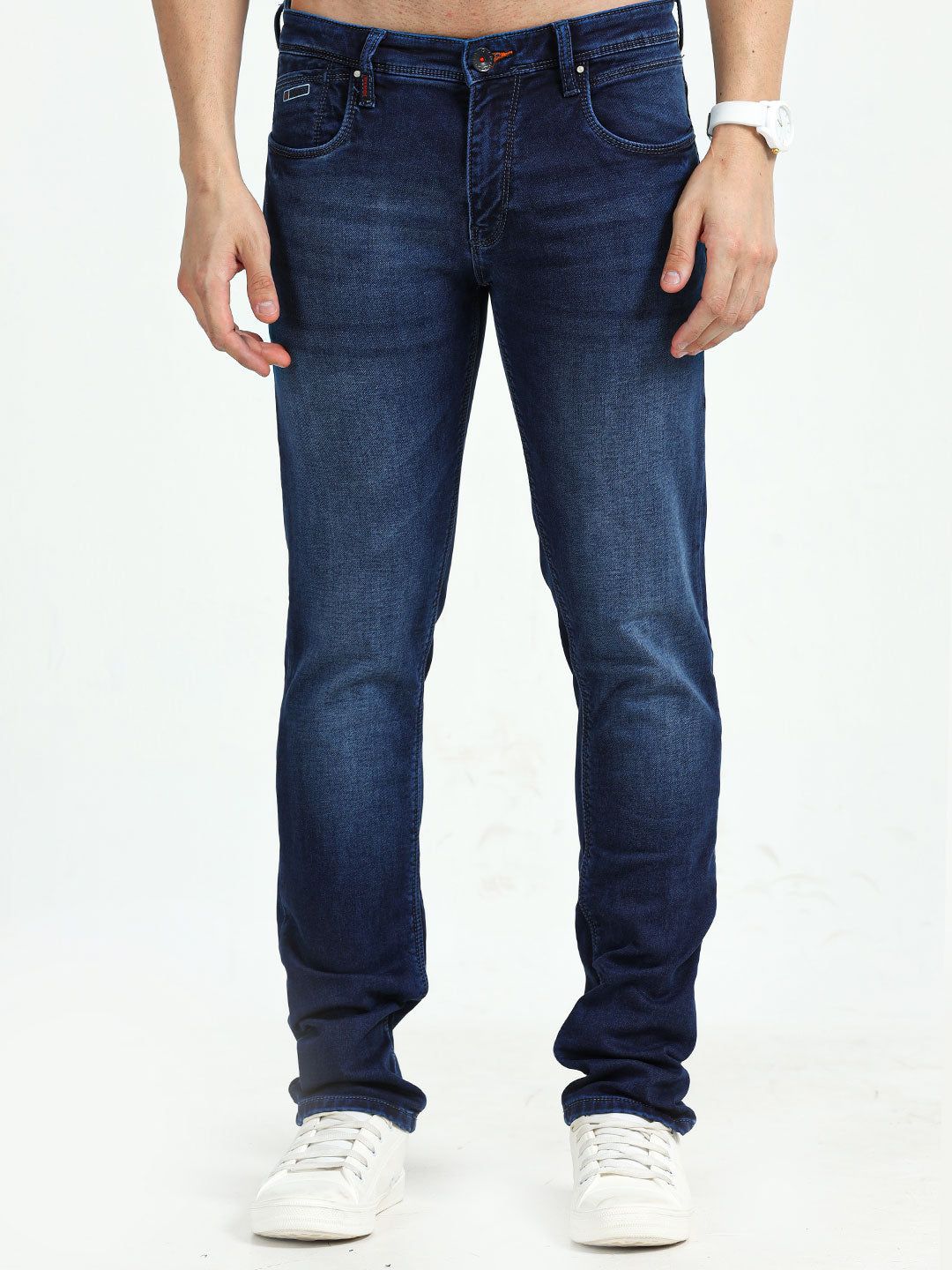 Men's Knitted Mid-Rise Slim Fit Mid Blue Jeans | Rick Rogue-28