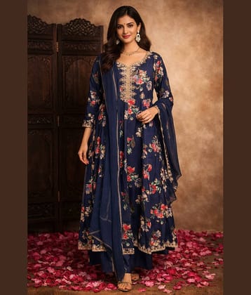 Aarika Women Cotton Blend Embroidered Flared Kurti With Pants ( Navy Blue )