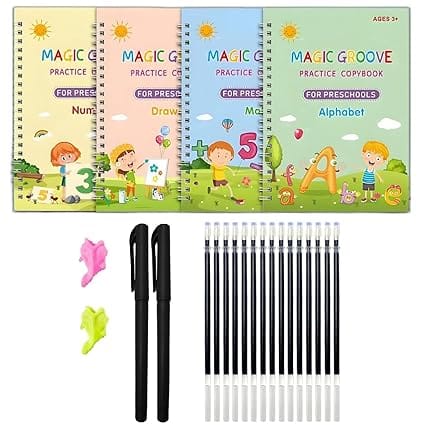 Sank Magic Practice Copybook (4 BOOKS+ REFILL+Pen+Grip) Number Tracing Book for Preschoolers with Pen, Magic Calligraphy Copybook Set Practical Reusable Writing Tool Simple Hand Lettering.