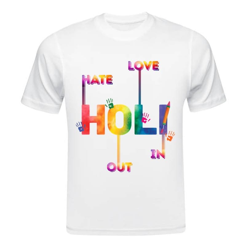 TERA MERA GIFT, Holi Printed T-Shirt, Happy Holi Festival T-Shirt, White Polyester, Reguler Fit, Round Neck, Short Sleeve, Unisex H128