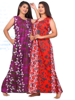 Fabimi Women's Sleeveless Cotton Nighty Combo Pack of 2 - Multi Colors for a Stylish