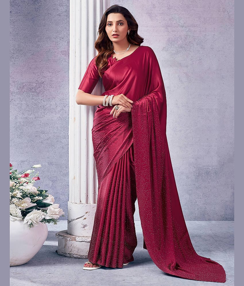 Satrani Satin Embellished Saree With Unstitched Blouse Piece ( Maroon )