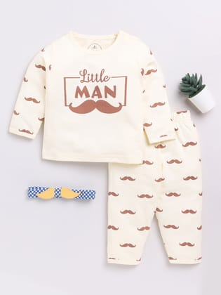 Cream "Little Man" Full Sleeve Night Suit-3-6 m