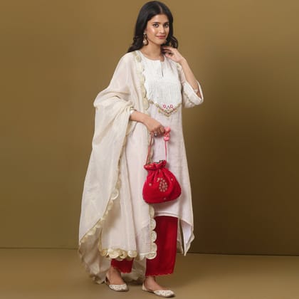 Off-white embroidered asymmetric kurta set with dupatta-XS