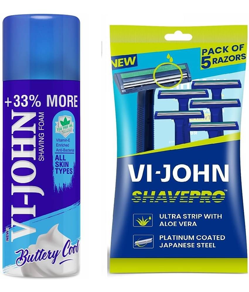 VI-JOHN All Skin Type Shaving foam 400g & ShavePro Twin Blade Disposable Razor 5 PCS -Pack of 2