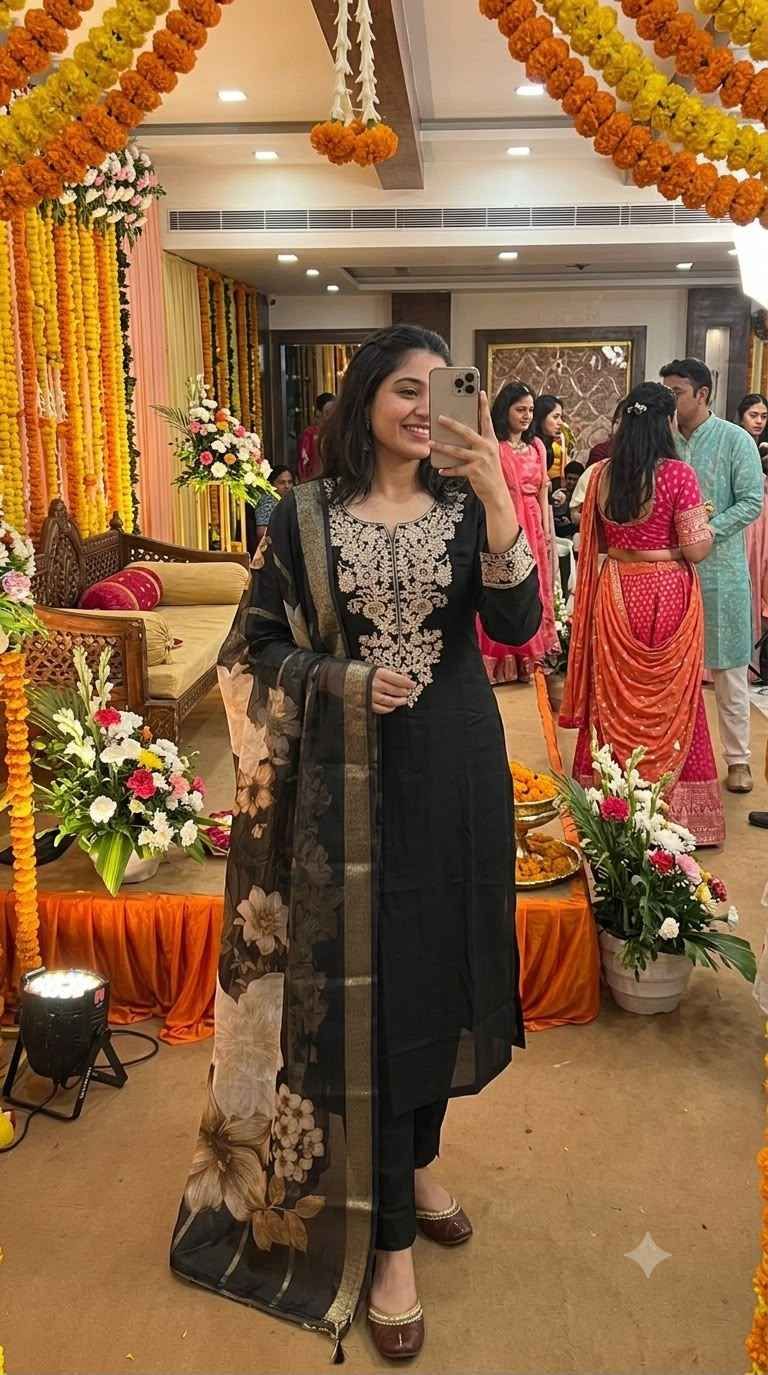 Black Embroidered Roman Silk Kurta Set