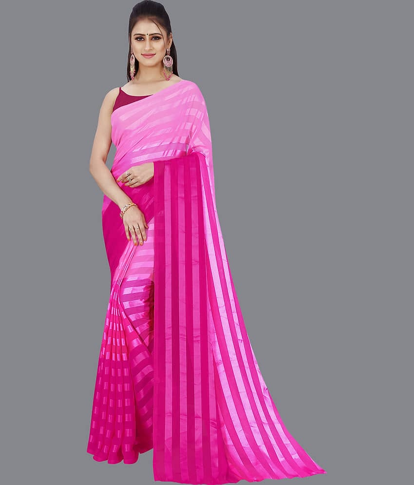 ANAND SAREES Georgette Striped Saree With Unstitched Blouse Piece ( Pink )