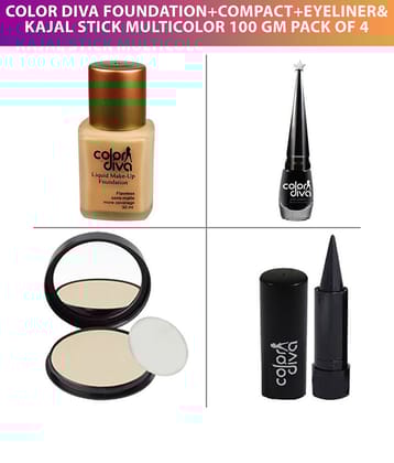 Color Diva Foundation, Compact, Eyeliner& Kajal Stick Black Pack of 4 100 g