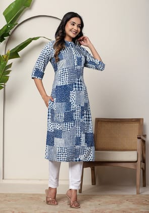 Indigo Patchwork Printed Kurta-S