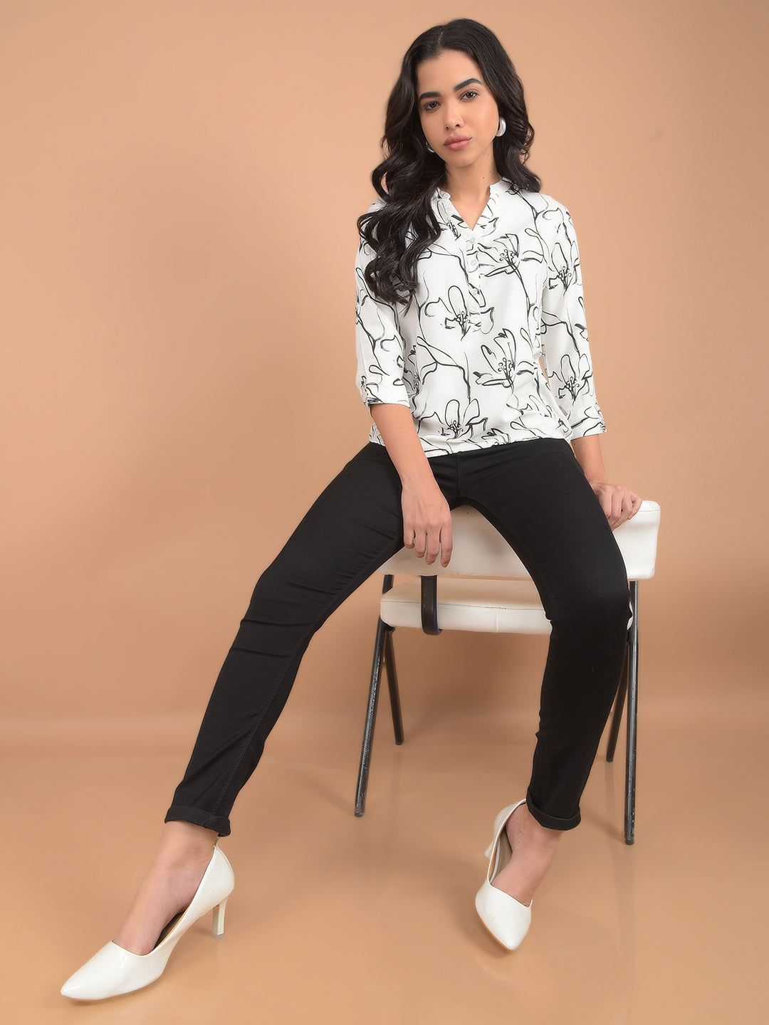 Blue Floral Print V-Neck Linen Top-2XL / Blue