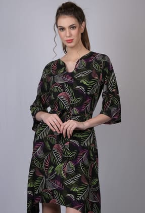 Women Black Leaf Print Drop-Waist Dress (OTL-DRS1012)-Multicolor / S