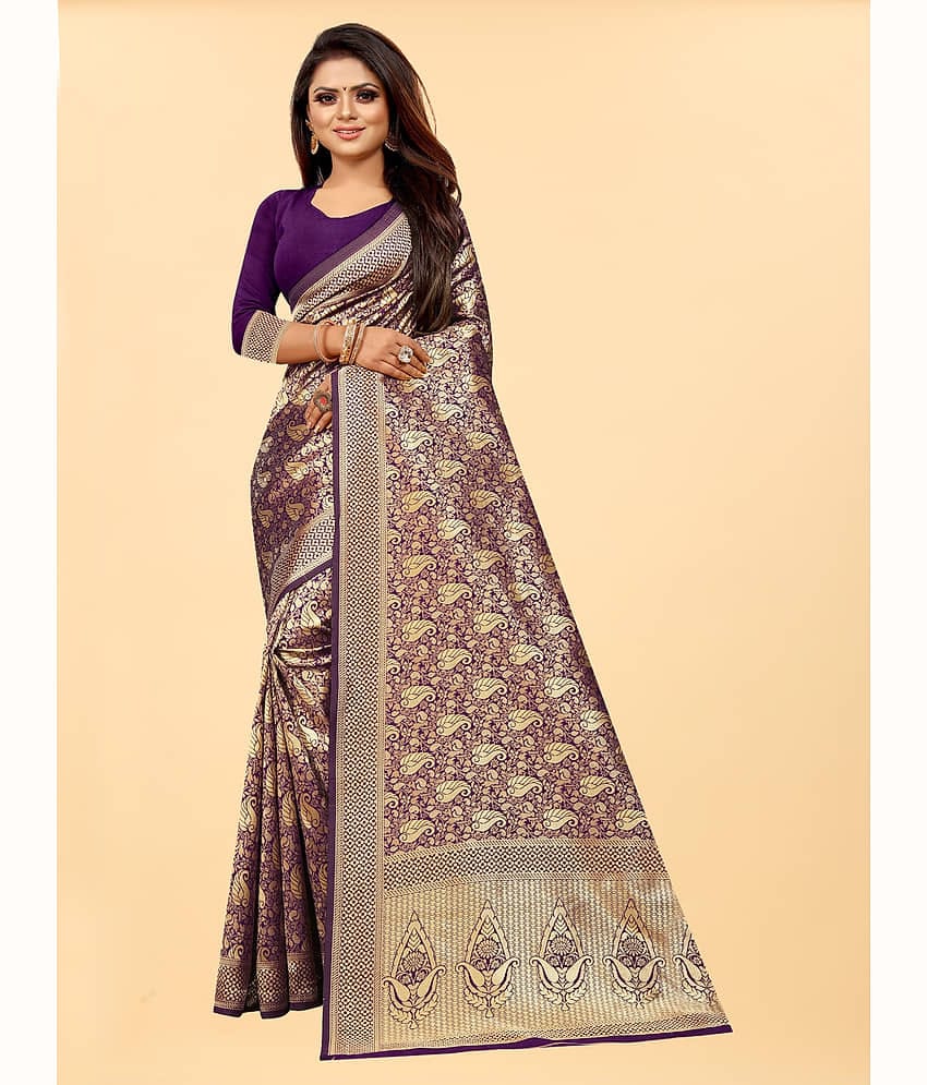 Gazal Fashions Banarasi Silk Embellished Saree With Unstitched Blouse Piece ( Wine )