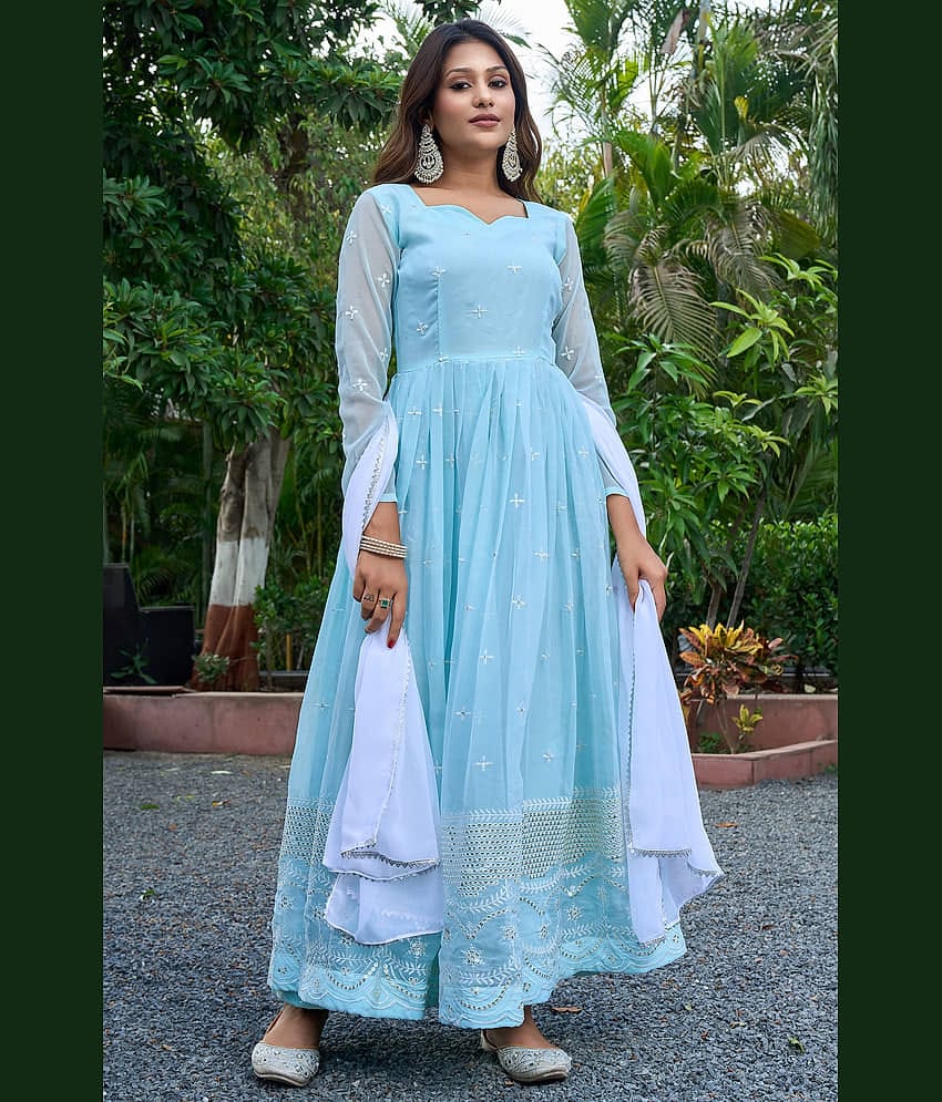 kedar fab Turquoise Anarkali Georgette Women's Stitched Ethnic Gown ( Pack of 1 )