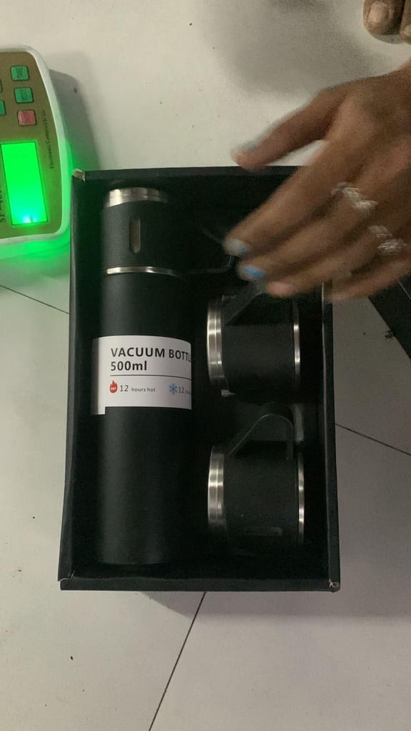 Double Wall Stainless Steel Thermo Vacuum Insulated Bottle Water Flask Gift Set with Two Cups Hot & Cold (Assorted Color)