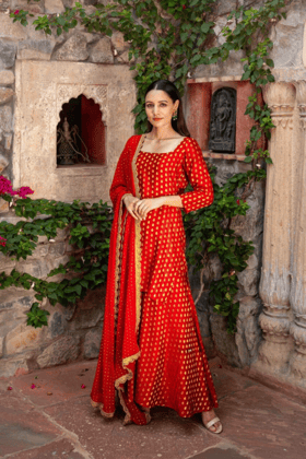 Silk Brocade Sharara Set-XS / Red