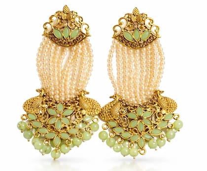 Elegant Gold-Plated Pearl & Mint Green Designer Chandbali Earrings