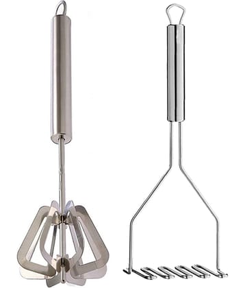 JISUN S1 Stainless Steel Mathani, Hand Mixi Power Free Hand Blender & Potato Masher/Vegetable Masher/Pav Bhaji Masher Silver Kitchen Tool Set