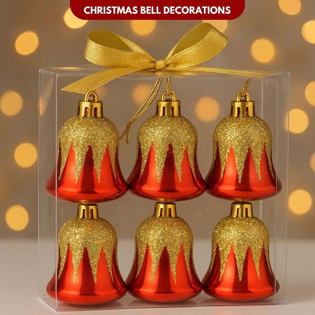 Christmas Red Bells with Golden Glitter Decoration - 6PC - Party and Festive Needs | Buy online on ZillyBuy