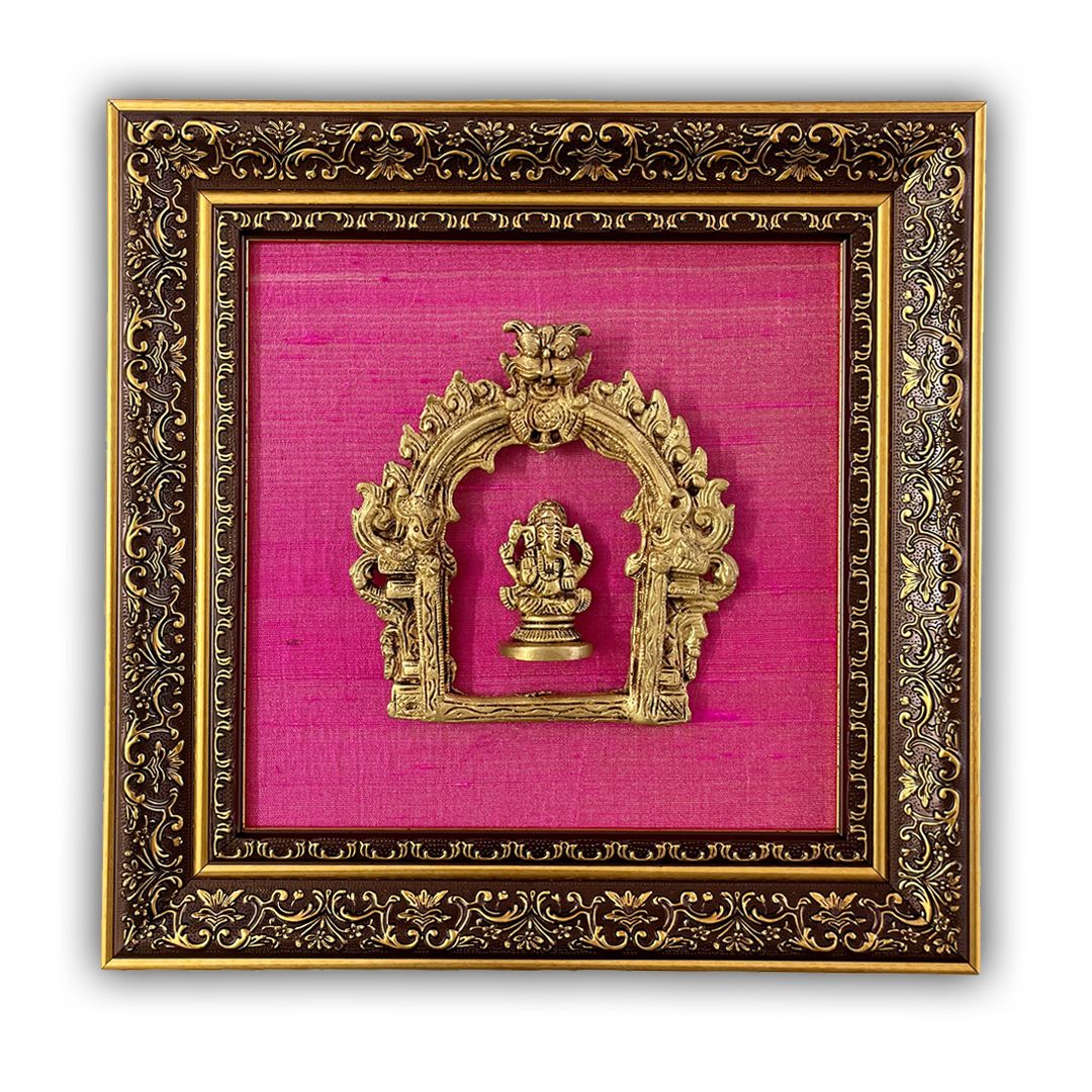 Brass Seated Ganesh with Mahakala Arch Statue  Framed in beautiful Tissue Raw Silk