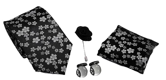 VOICI France mens necktie pocket square and cufflinks combo gift set Grey color free size - Black & Silver