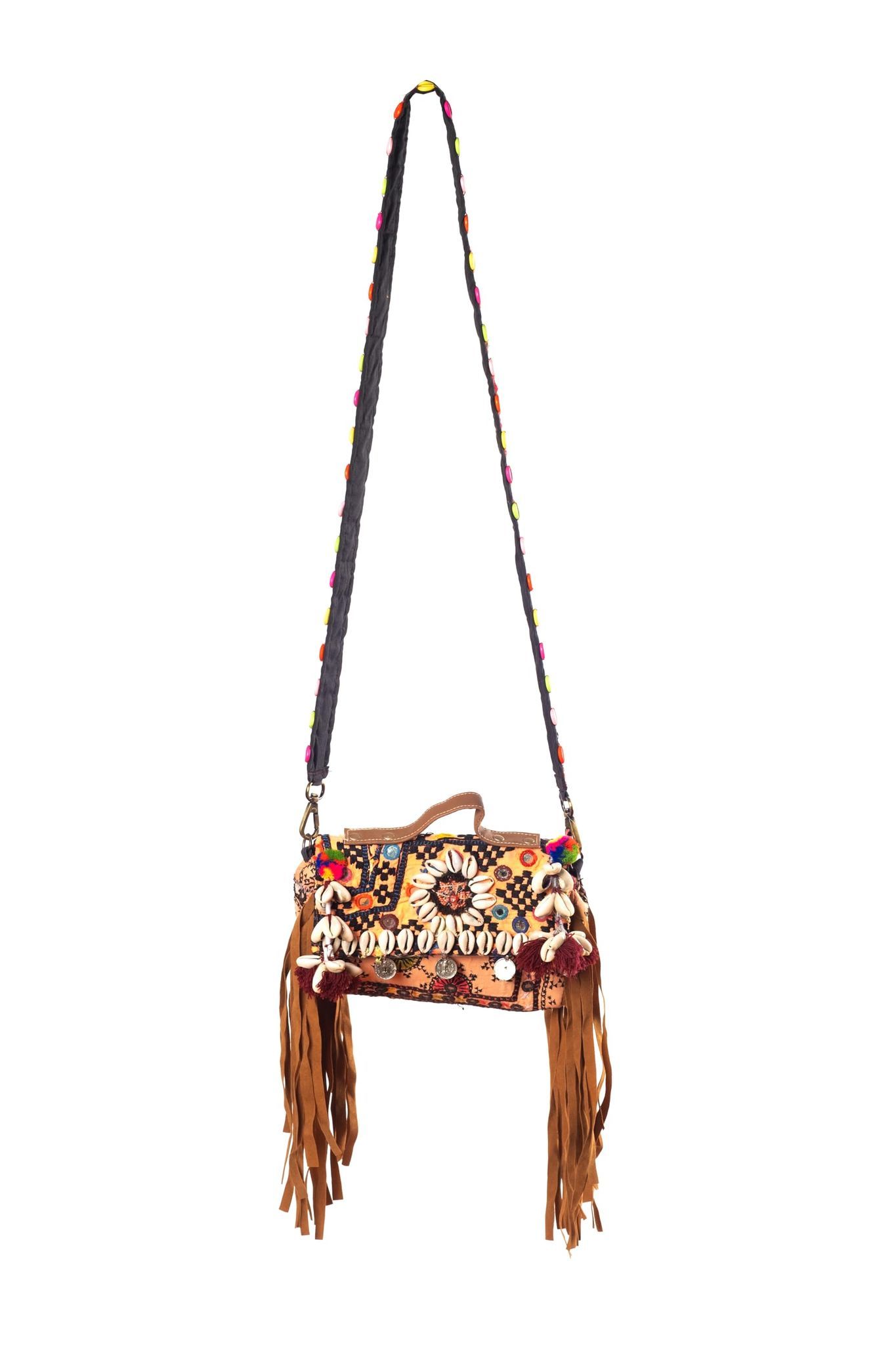 PREET GALLERY Rajasthani Handwork Cross Body HandBag, Embroidered, Fringe, Cowrie Shells, Adjustable Strap Pattern for Women and Girls, Festivals or Parties