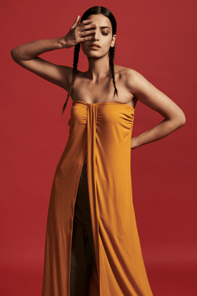 STRAPLESS TWISTED LONG TOP-XS / Saffron
