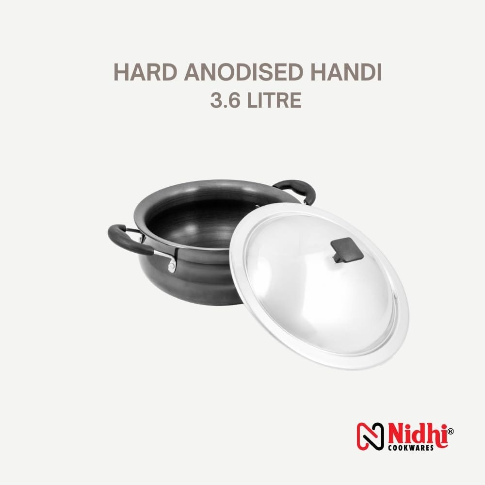 Nidhi Hard ANODISED Handi with SS LID I 3.6 LTR I 3MM (Non-Toxic, Non Reactive/Black) Thickness