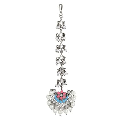 Oxidised Mirror pearls Maang Tika