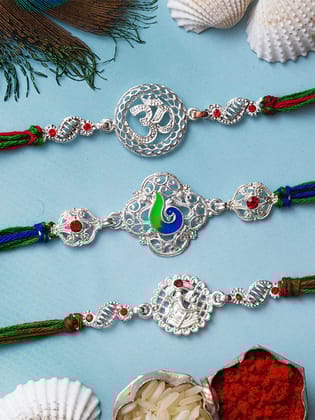 Set of 3 Peacock, Om, Lord Ganesha Religious Rakhis for Brother, Bhabhi, Kids with Roli Chawal Pack