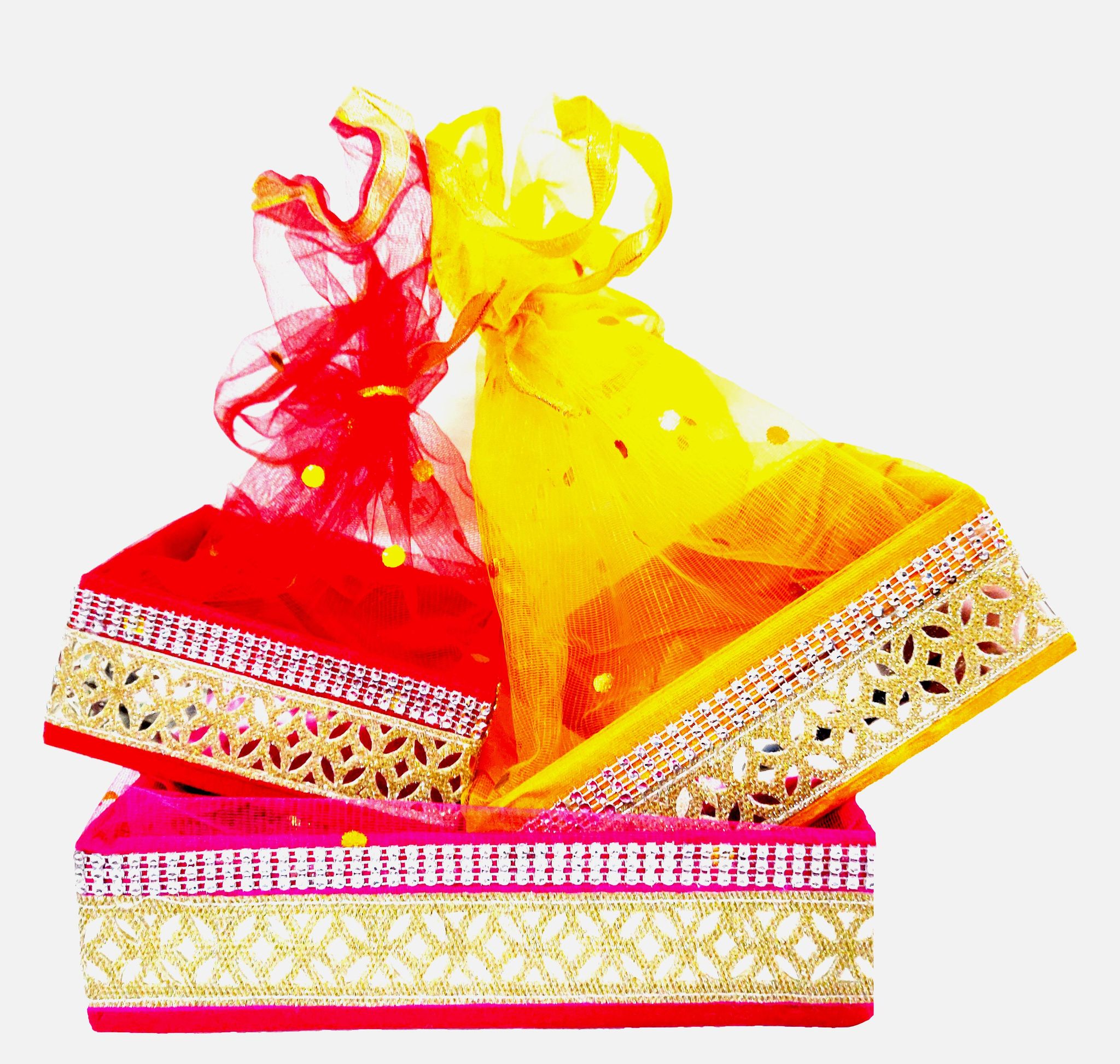 Omkar by R3 Inc. Handmade Multicolor Fancy Gift Hamper Basket Net Covering for Wedding and Festival Gift Purpose - Square (Set of 3) Standard, Large & Jumbo