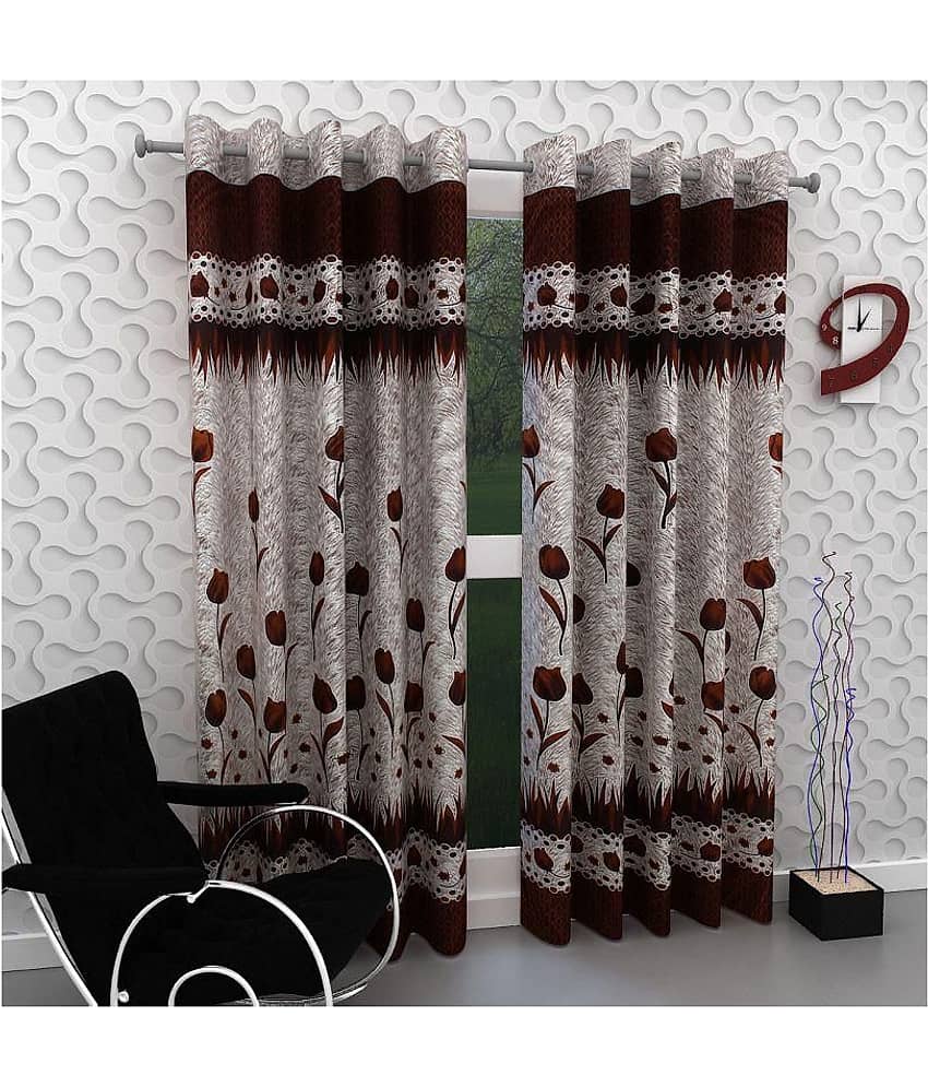 Phyto Home Floral Semi-Transparent Eyelet Door Curtain 7 ft Pack of 2 -Brown