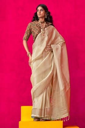 Cream Zari Weaving Tissue Saree