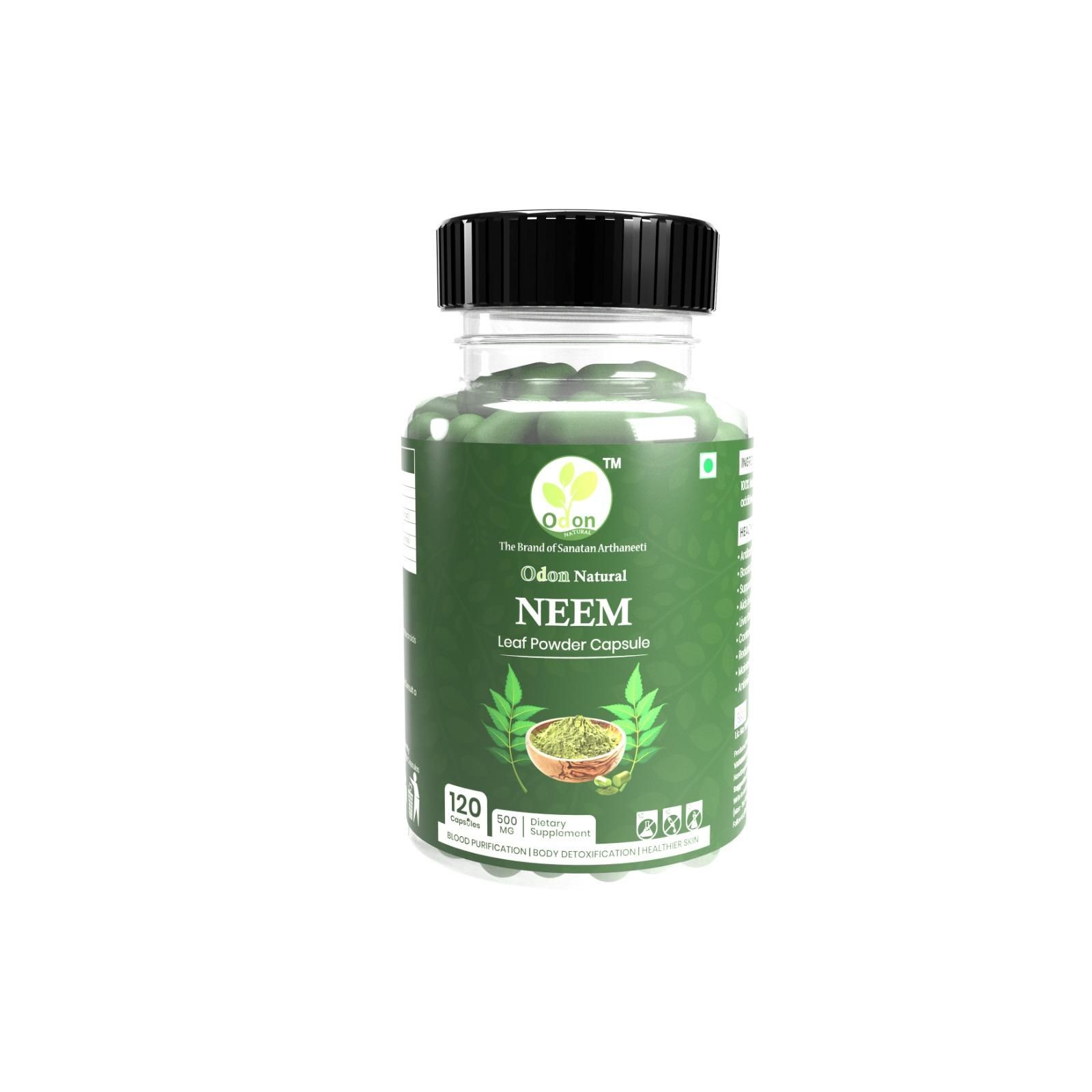 ODON NATURAL Neem Leaf Powder Capsules - 120 Count | Herbal Supplement for Blood Purification, Body Detox & Healthy Skin | Natural Wellness Support for Daily Health | Pure Herbal Capsules
