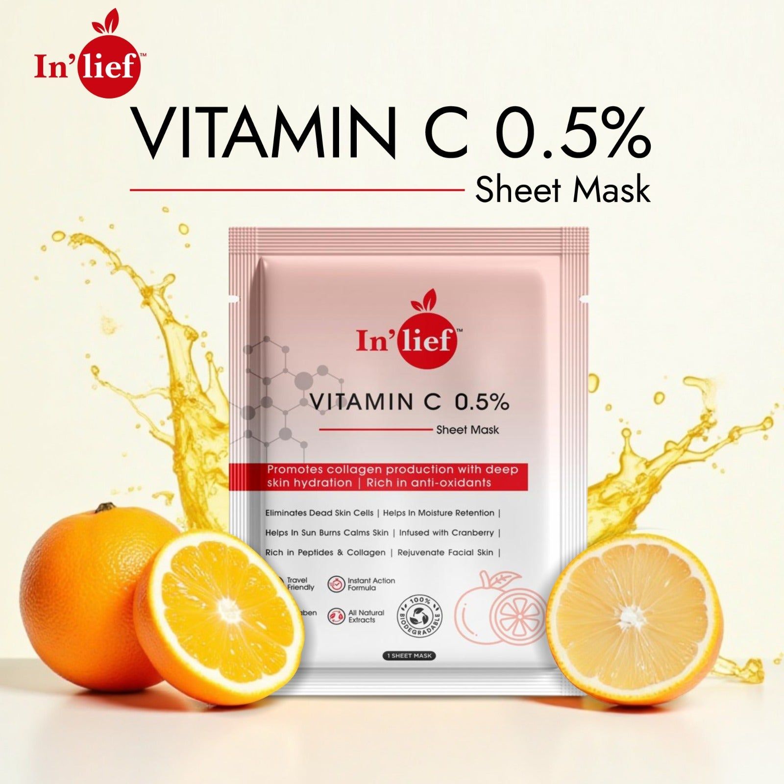 In'Lief Vitamic C Sheet Mask - 25ml | Rich in Peptides & Collagen | Infused with Cranberry
