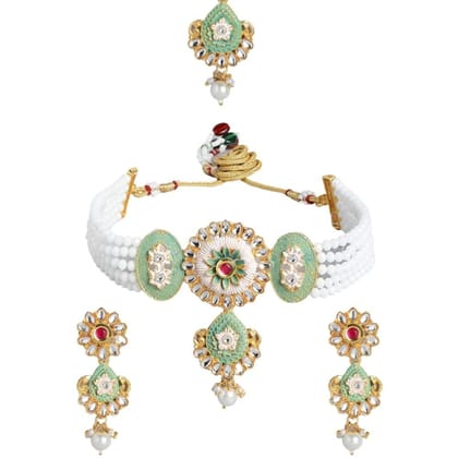 Elegant Mint Green Enameled Pearl Choker Set with Maang Tikk