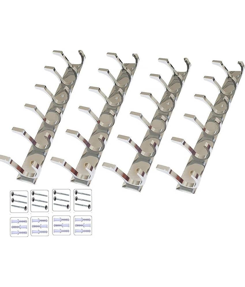 OJASS  Stainless Steel & Aluminium Premium Heavy Quality - 6 PIN Duck Cloth Hanger Bathroom Wall Door Hooks with 12 Screw and 12 Grip (Pack of 4  pcs) DHS06SS4L
