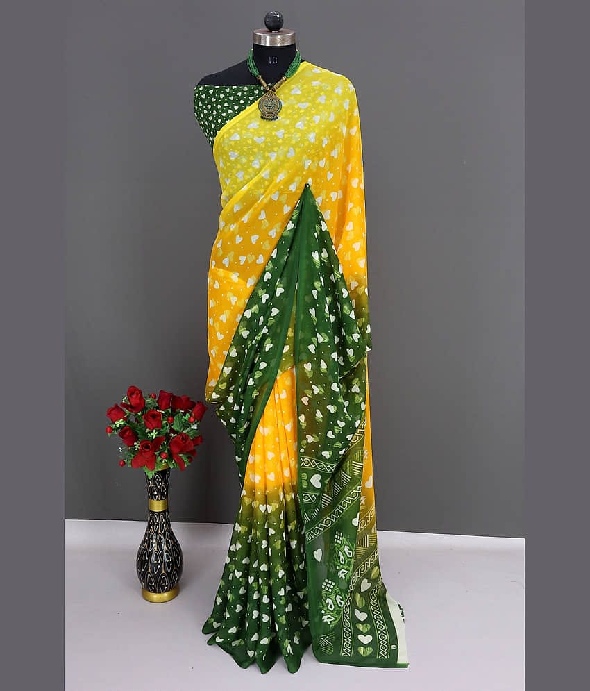 Rekha Maniyar Georgette Printed Saree With Unstitched Blouse Piece ( Yellow )