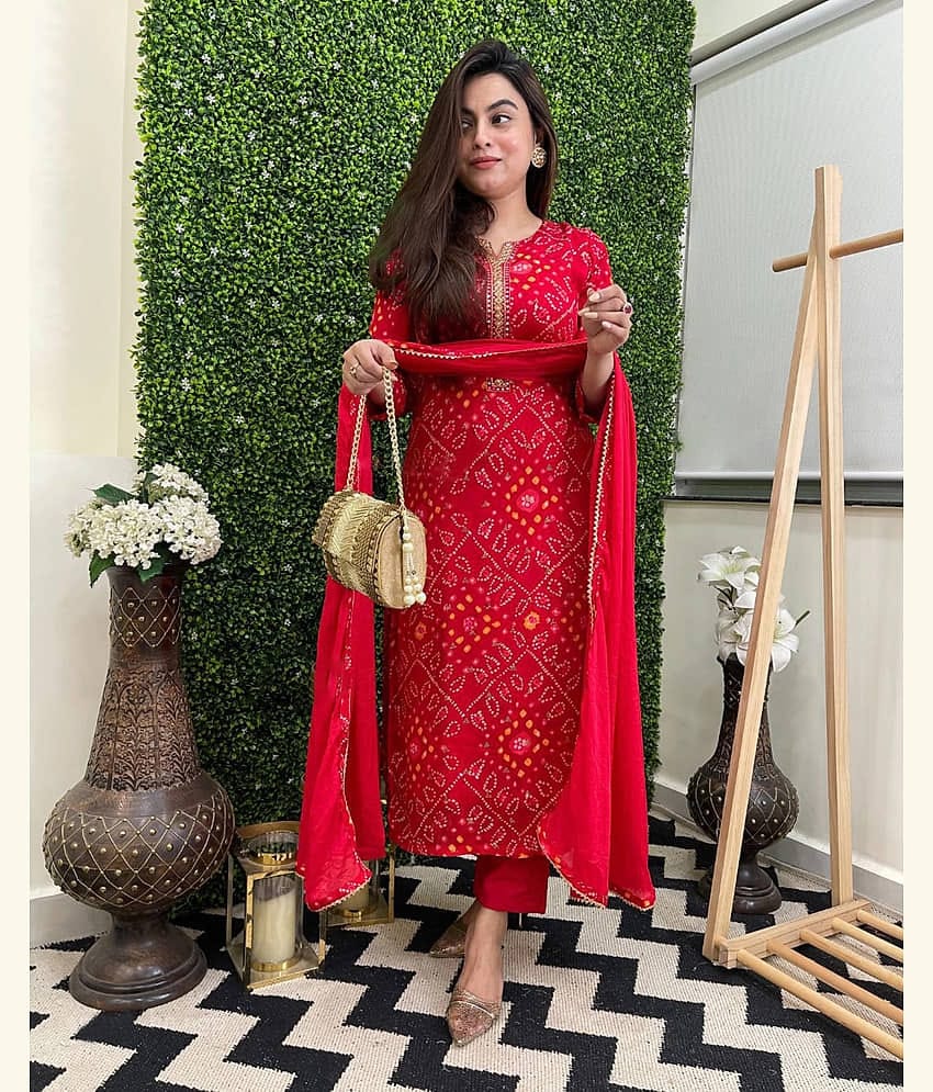 anushansa Rayon Printed Kurti With Pants Women's Stitched Salwar Suit - Red ( Pack of 1 )
