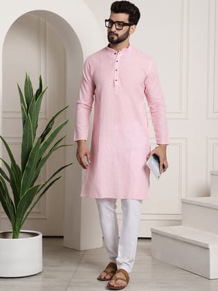 Men's Cotton Blend Checked Pink Kurta & Churidar Pyjama Set-36