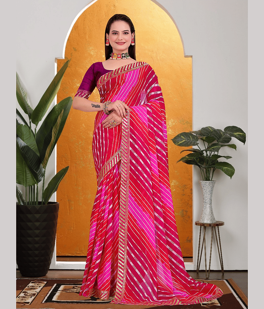 Kanooda Prints Georgette Striped Regular Saree With Unstitched Blouse Piece ( Rani )