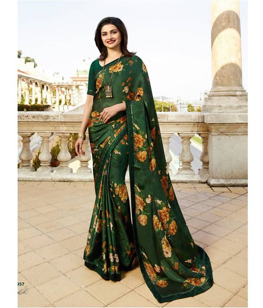 Gazal Fashions Silk Blend Printed Saree With Unstitched Blouse Piece ( Green )