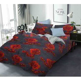 BLACK BEE  Bedsheet with black polka dot and rose printdouble bedsheet with 2 Pillow Covers (208 X 213 cm)(BS-04)