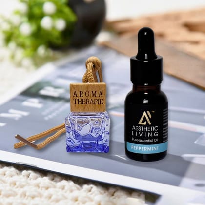 Aesthetic Living Car Aromatizer Diffuser Bottle with Essential Oil (Square Colored Transparent Combo- 10 ml + Peppermint Essential Oil, 15 ml)