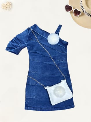 Girls One Shoulder Denim Dress With Leather Purse [GT-4883] (1-12 Years)-1-2Y (Size - 18) / Denim