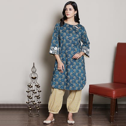 Teal embroidered Block Printed Co-ord Set-XS