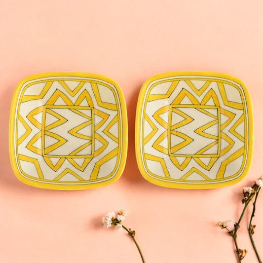 Set of 2 Geometric Pattern Blue Pottery BowlsYellow6